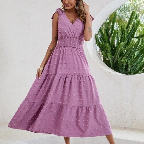 Boho Purple Swiss Dot Tie Shoulder V Neck Shirred Waist Dress - Picture 3 of 7